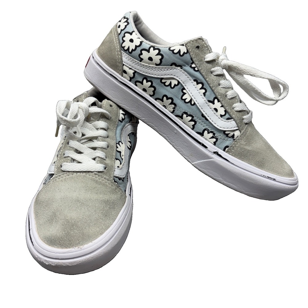 Vans ComfyCush Floral Canvas/Suede Sneakers White Light Blue Women's Size 7.5